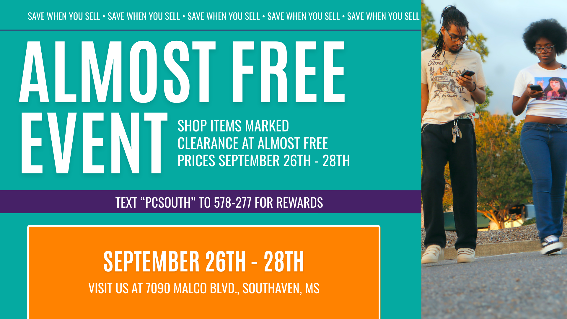 Shoppers browsing clearance racks at Plato’s Closet Southaven during Almost Free Event, finding sweaters, jeans, jackets, shoes, and other name-brand items marked clearance at 90% off.